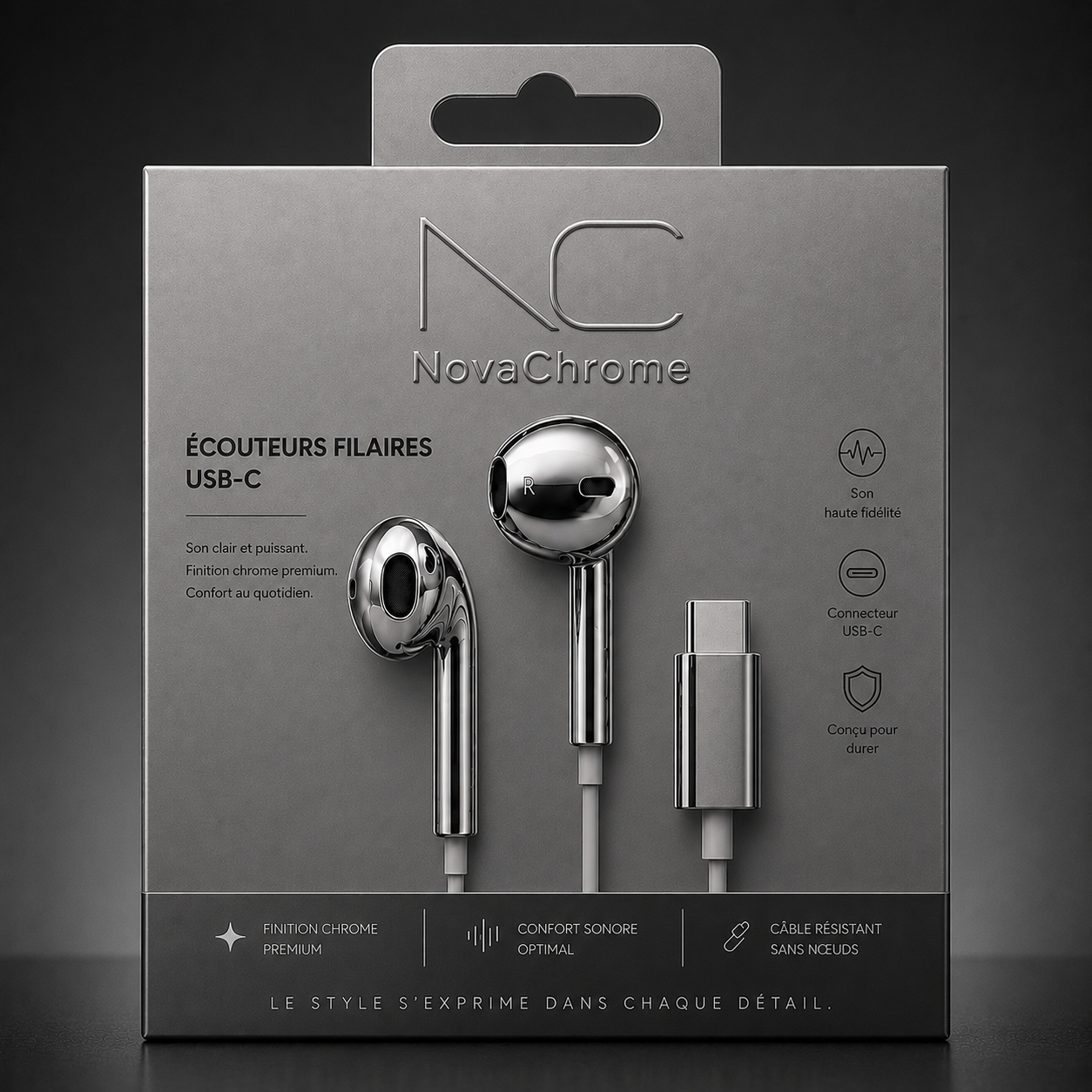 Emballage des écouteurs filaires USB-C NovaChrome, finition chrome premium